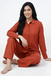 Zivame Mock Linen Woven Loungewear Set - Burnt Brick — thumbnail 5